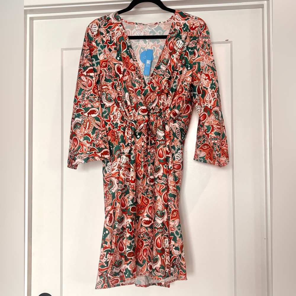 Cupshe Paisley Floral Boho V-Neck Tie Waist 3/4 Sleeve Dress/ Swim Cover Up- XL